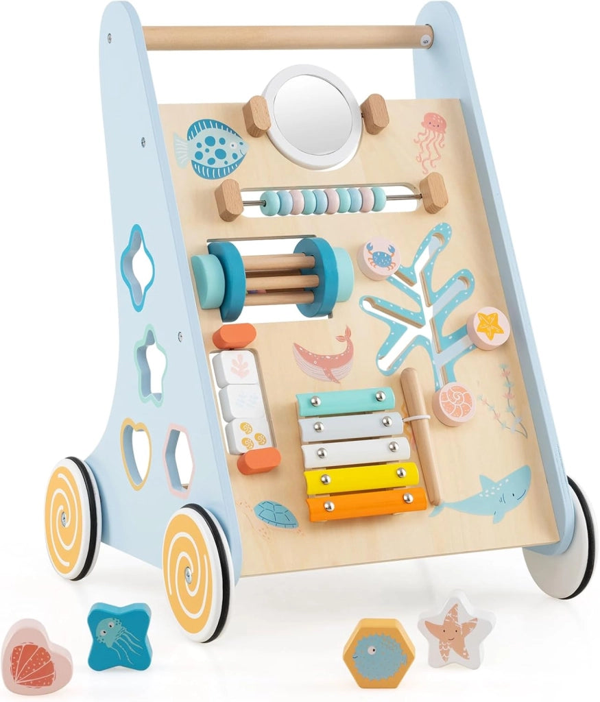 8 in 1 Carrellino Primi Passi, Girello in Legno per Bambini, Giocattolo Montessori con Ruote, Giocattolo da Spinta per Bambini 1+ Anni