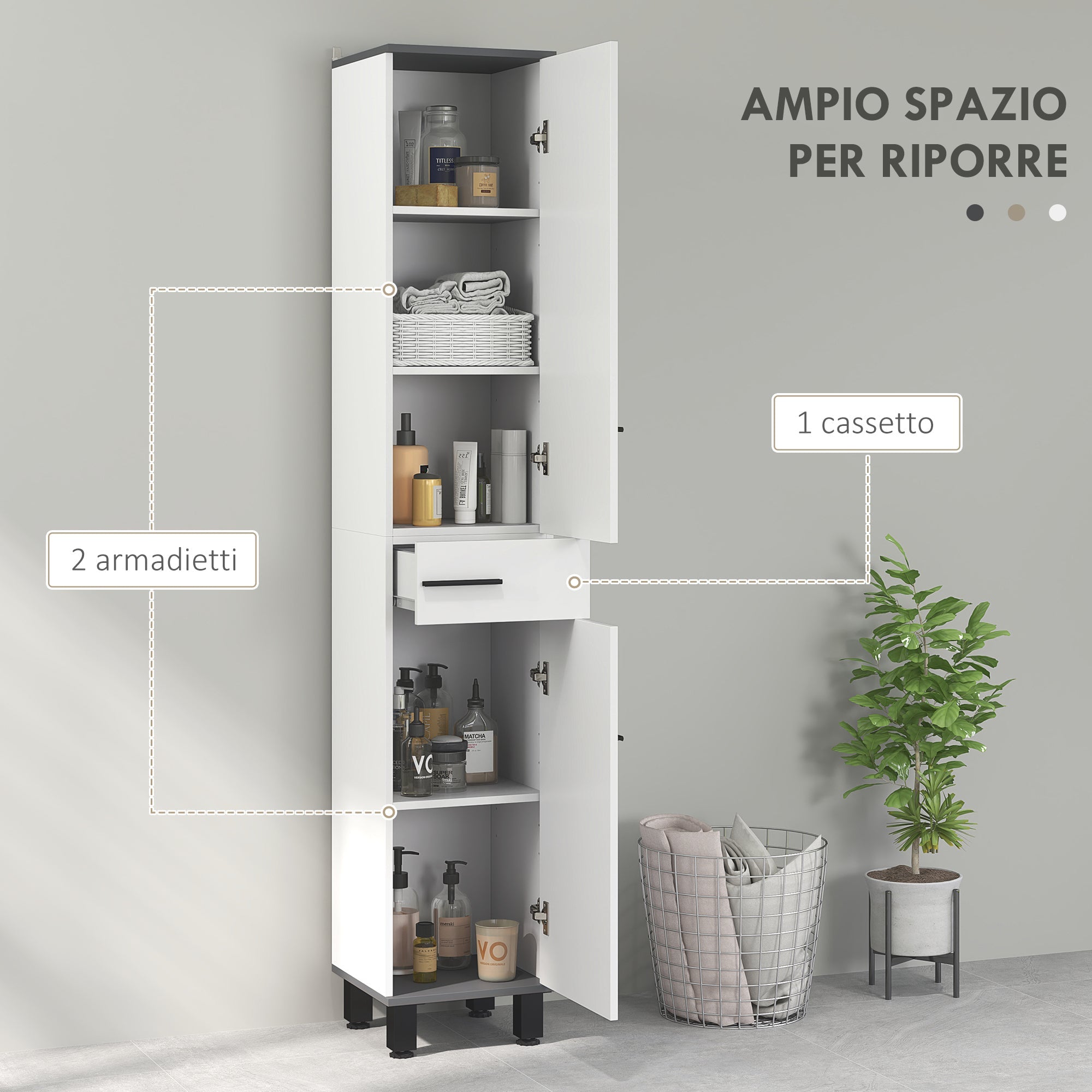 Mobile a Colonna da Bagno con 2 Armadietti e Cassetto 34x32x190 cm Bianco