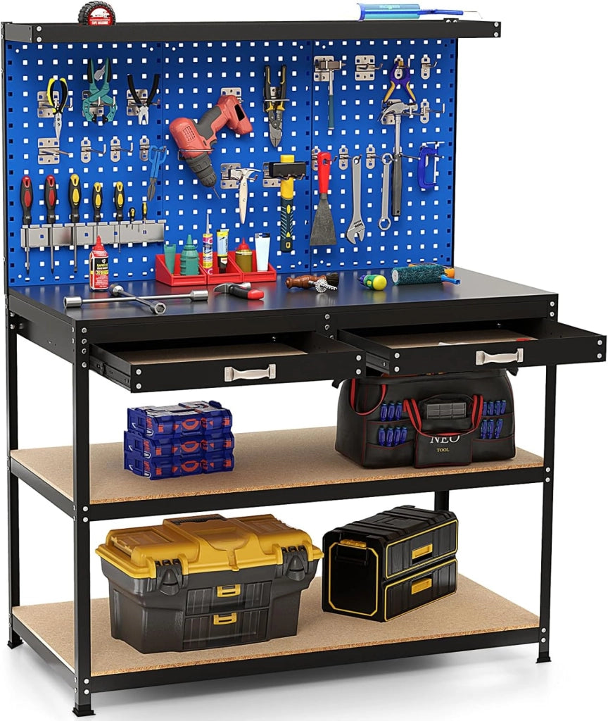 Banco da Lavoro con Piano da 120 x 60 cm, Banco da Lavoro Officina con Pannello Forato e 24 Ganci Porta Attrezzi, Tavolo da Lavoro per Garage con 2 Cassetti e 2 Mensole (Nero)