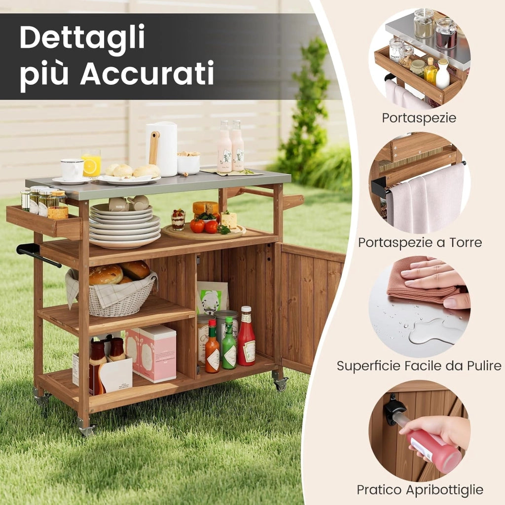 Carrello Barbecue in Legno, con Spazio di Conservazione, Isola da Cucina Esterna con Piano in Acciaio Inox, 3 Ripiani Aperti e Mobile, Porta Spezie, Porta Asciugamani, 118 x 47 x 92 cm