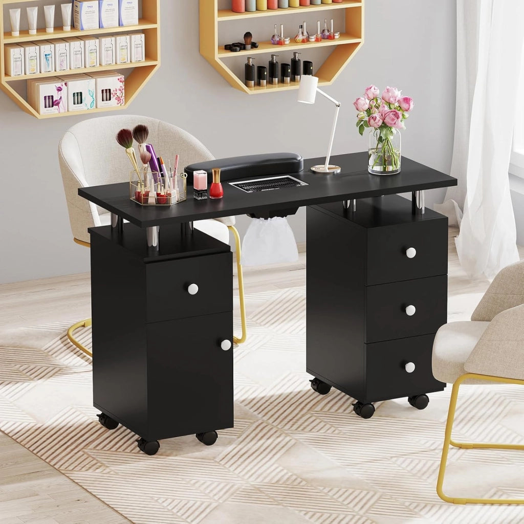 Tavolo Manicure con Aspirapolvere, Tavolo Unghie con Cassetti, Spina, 3 Sacchetti, Armadietto, Cuscino Poggia Polso e 8 Ruote blocabili, Banco Ricostruzione Unghie in Legno (Nero)