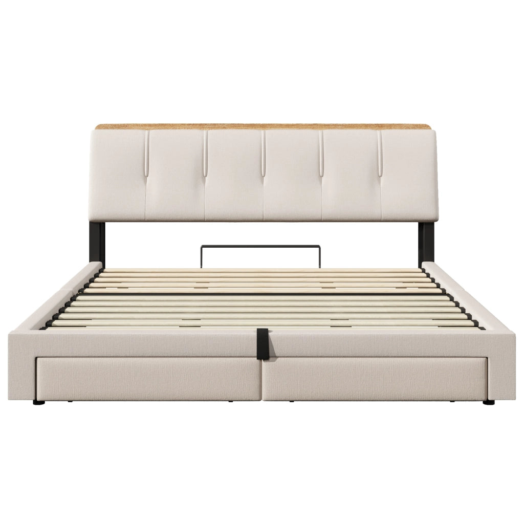 Letto matrimoniale imbottito 180x200 cm in lino beige con contenitore; USB e LED