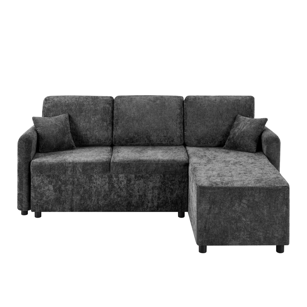 Divano angolare 3 posti - con area relax a L e 2 cuscini - in chenille nera