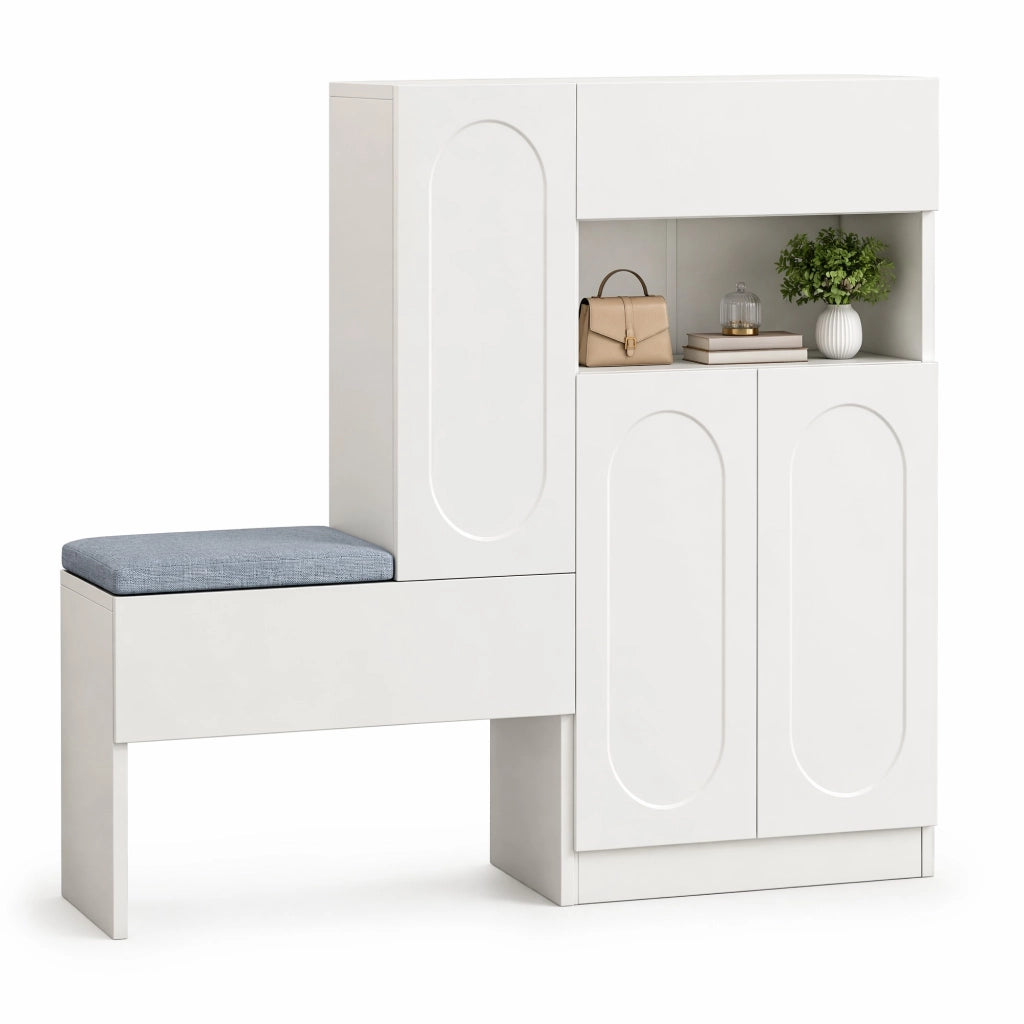 Scarpiera con panca 2 in 1 con ante curve; 130x35x110 cm; bianco; in truciolare