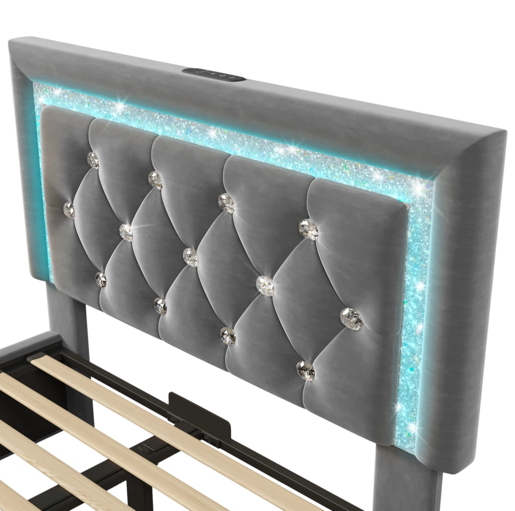 Letto singolo imbottito ULEVR 90x200 cm con contenitore idraulico, LED, USB e USB-C, velluto grigio