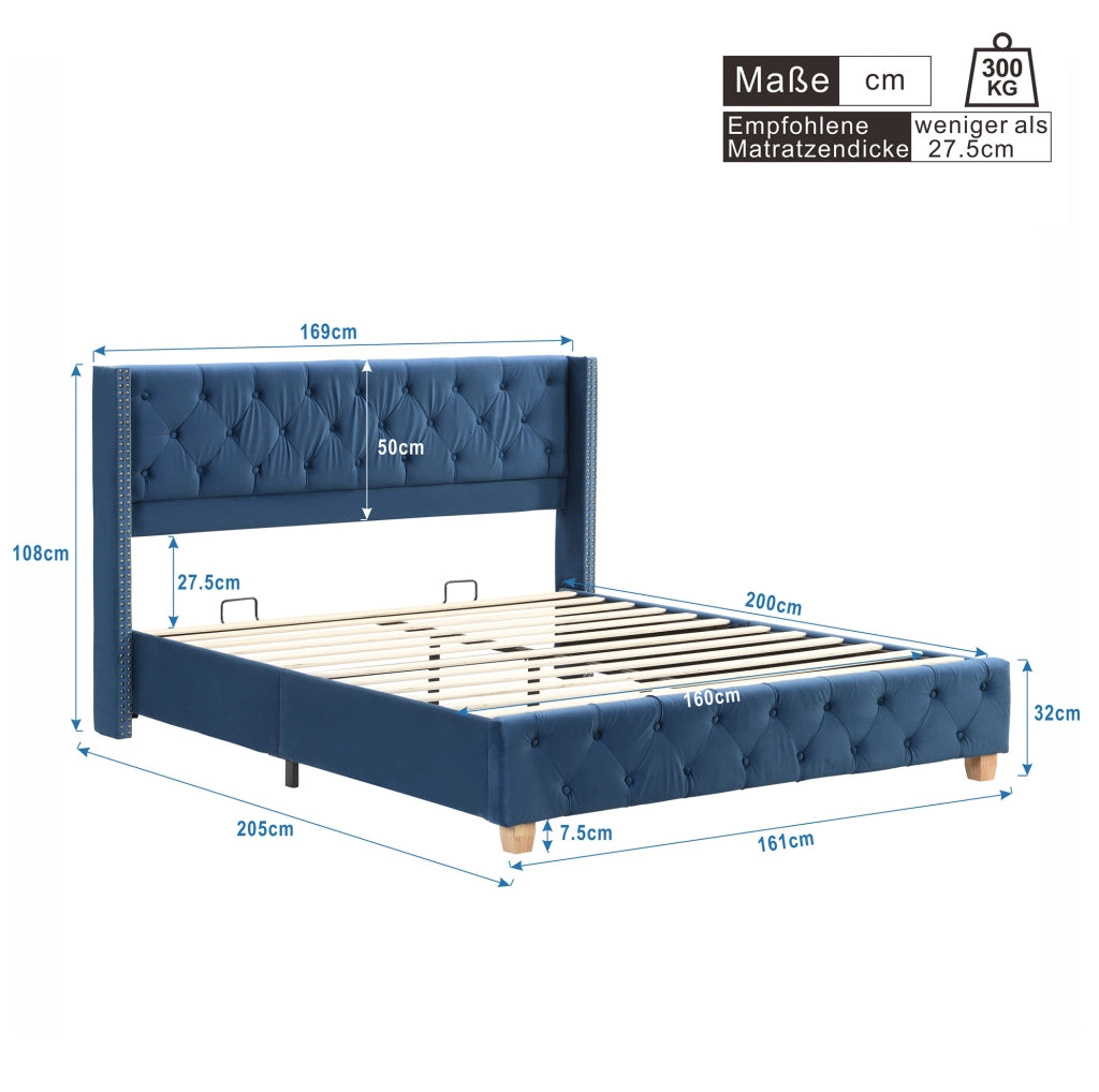 Letto imbottito 160x200 cm; testiera capitonn茅; velluto blu (Senza materasso)