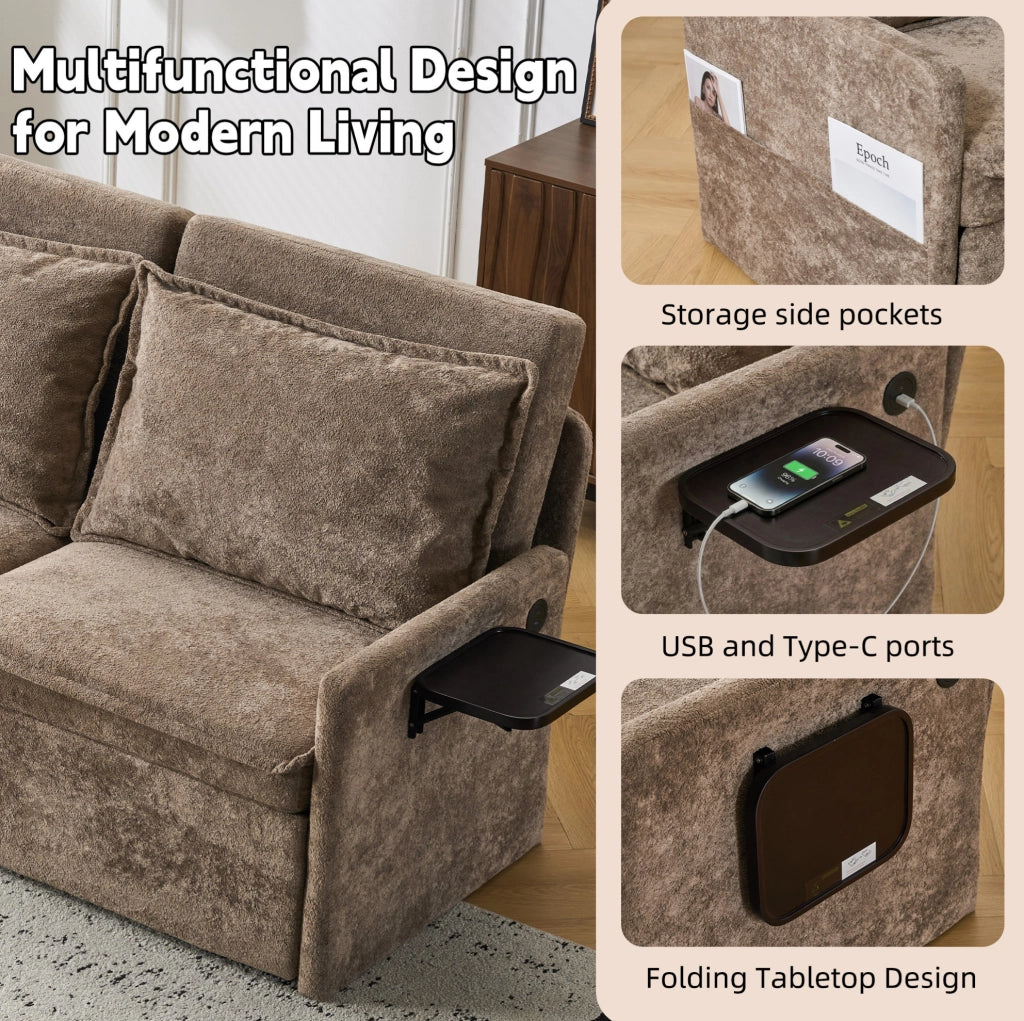 Divano letto 172，5x71x95 cm in ciniglia marrone con USB Type-C e vano contenitore