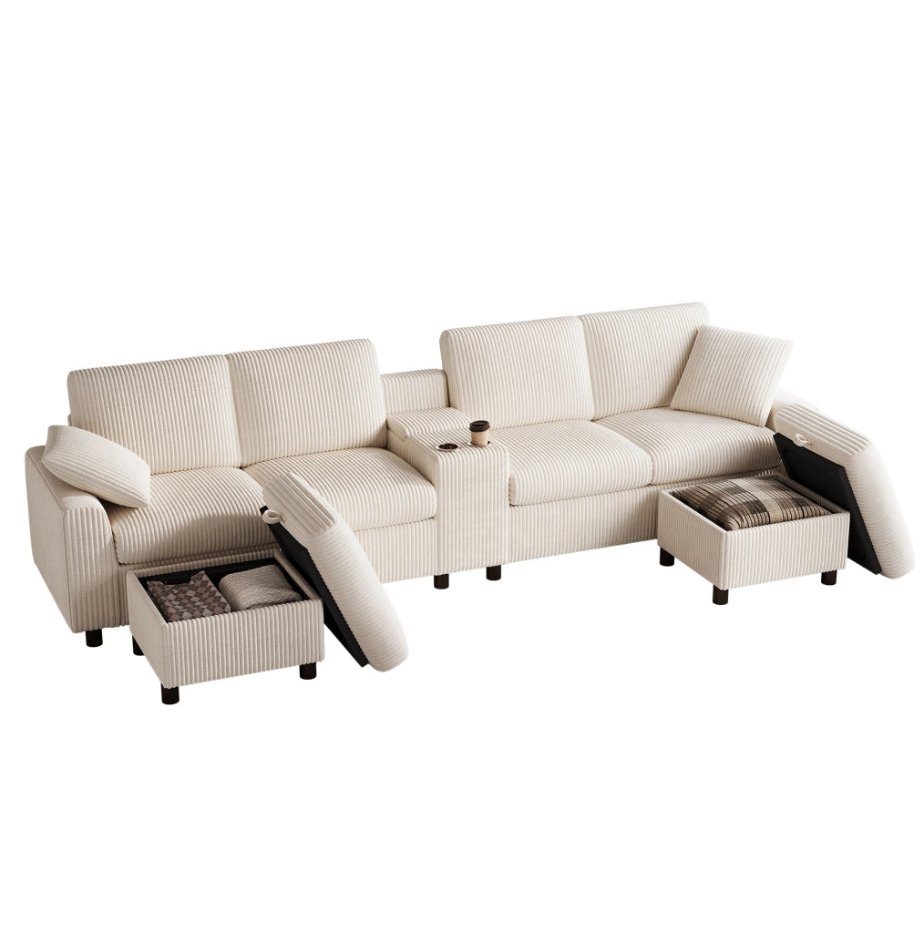 Divano a U in velluto a coste con 2 pouf contenitore; tavolino; USB; Type-C e prese; beige