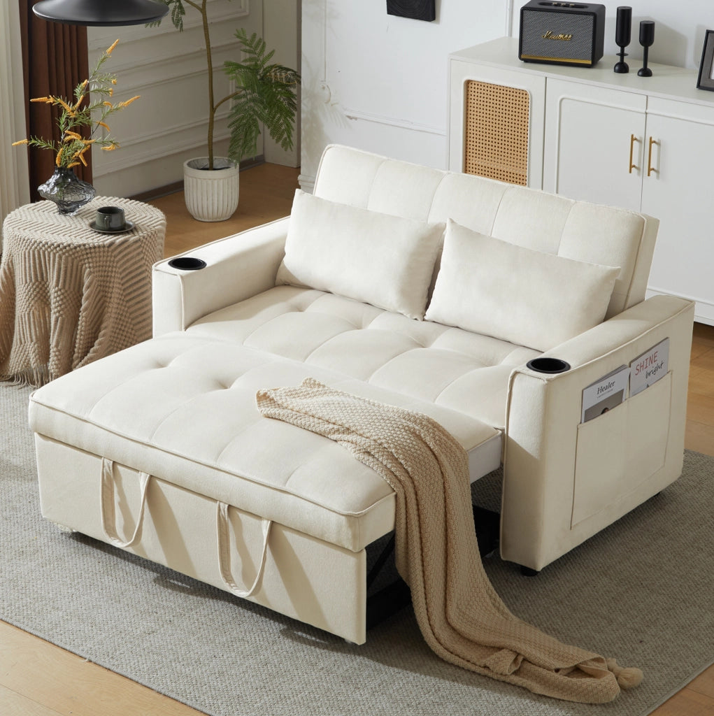 Divano letto 137 cm in velluto beige con portabicchieri， 3 in 1