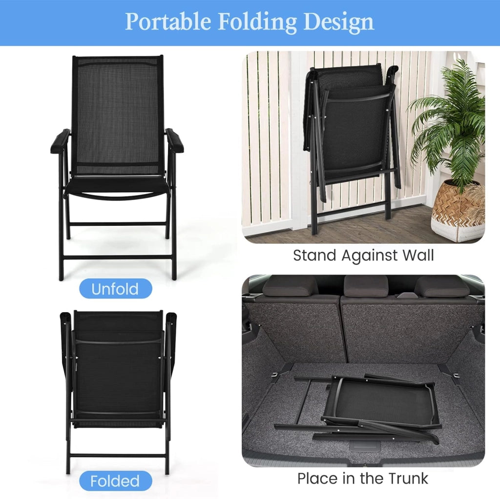 Set di 2 sedie pieghevoli esterne, sedie da giardino in tessuto con braccioli, telaio in metallo, carico 150 kg, sedia da giardino pieghevole per patio, piscina, senza montaggio, nero