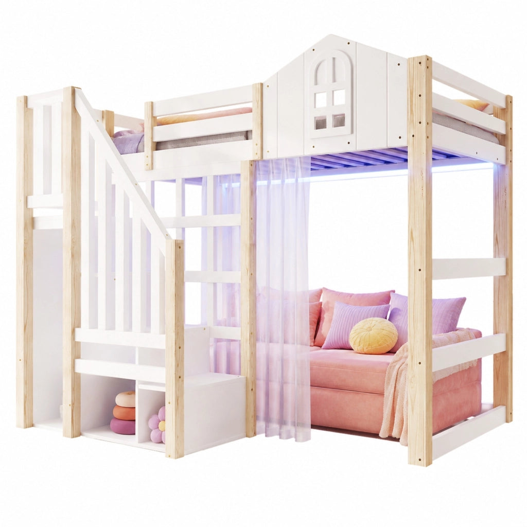 Letto a soppalco 90x200 cm con LED, scala contenitore e tenda