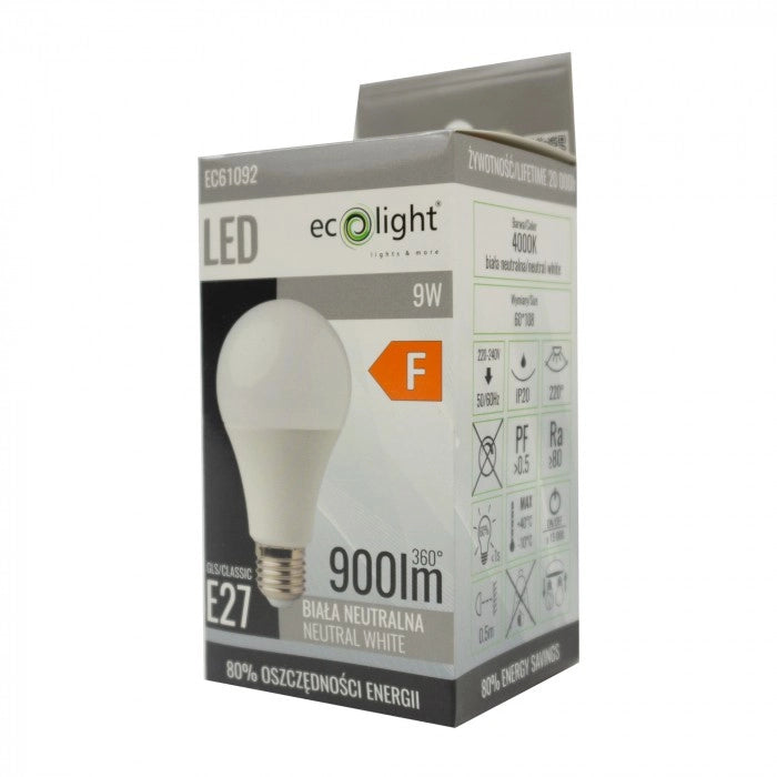 Lampadina LED sferica E27 9W 4000K 900lm Ecolight