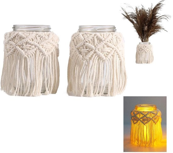 Supporto per candele con decorazione a macramè - Drappeggio decorativo per candele - Decorazione boho beige - Decorazione per interni e esterni