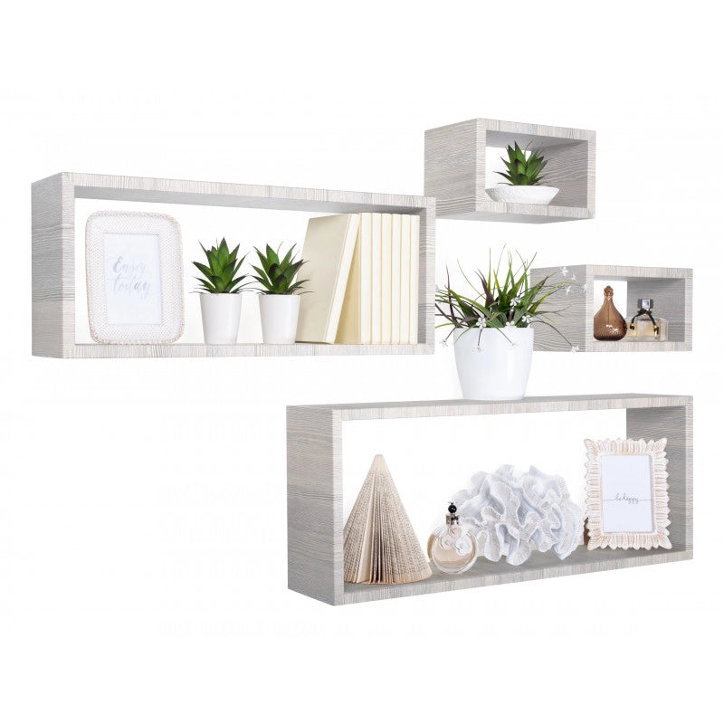 Set 4 Mensole da Muro, Pensile Bagno, Mensola Parete, Scaffale Parete, Rovere Grigio, 75x30 p15,5 cm, 60x25 p15,5 cm e 2 da 25x15 p15,5 cm - Merlino
