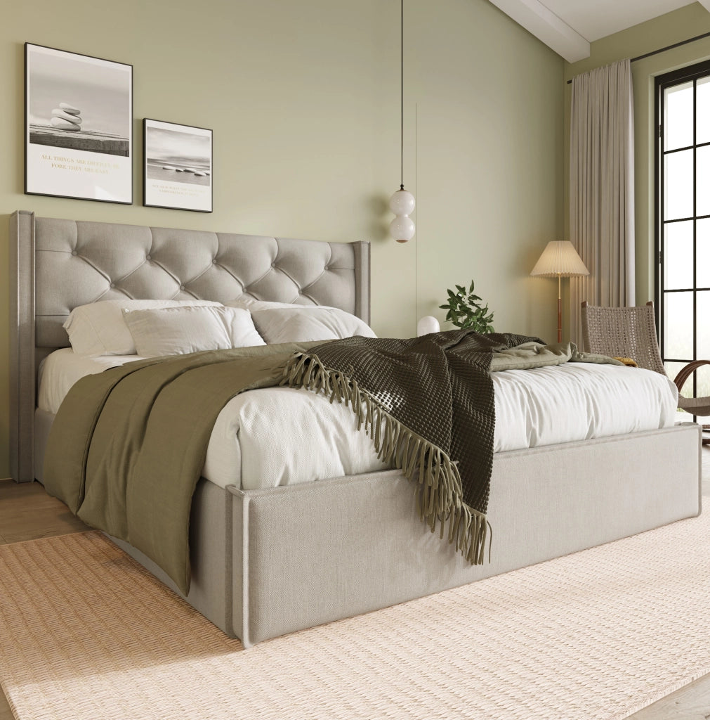 Letto imbottito ULEVR 160x200 cm con contenitore e rete sollevabile, cotone grigio chiaro