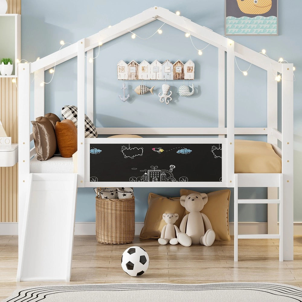 Letto a Soppalco per Bambini con Scivolo e Lavagna ¨C MINIMAL ¨C Massello Bianco 90x200