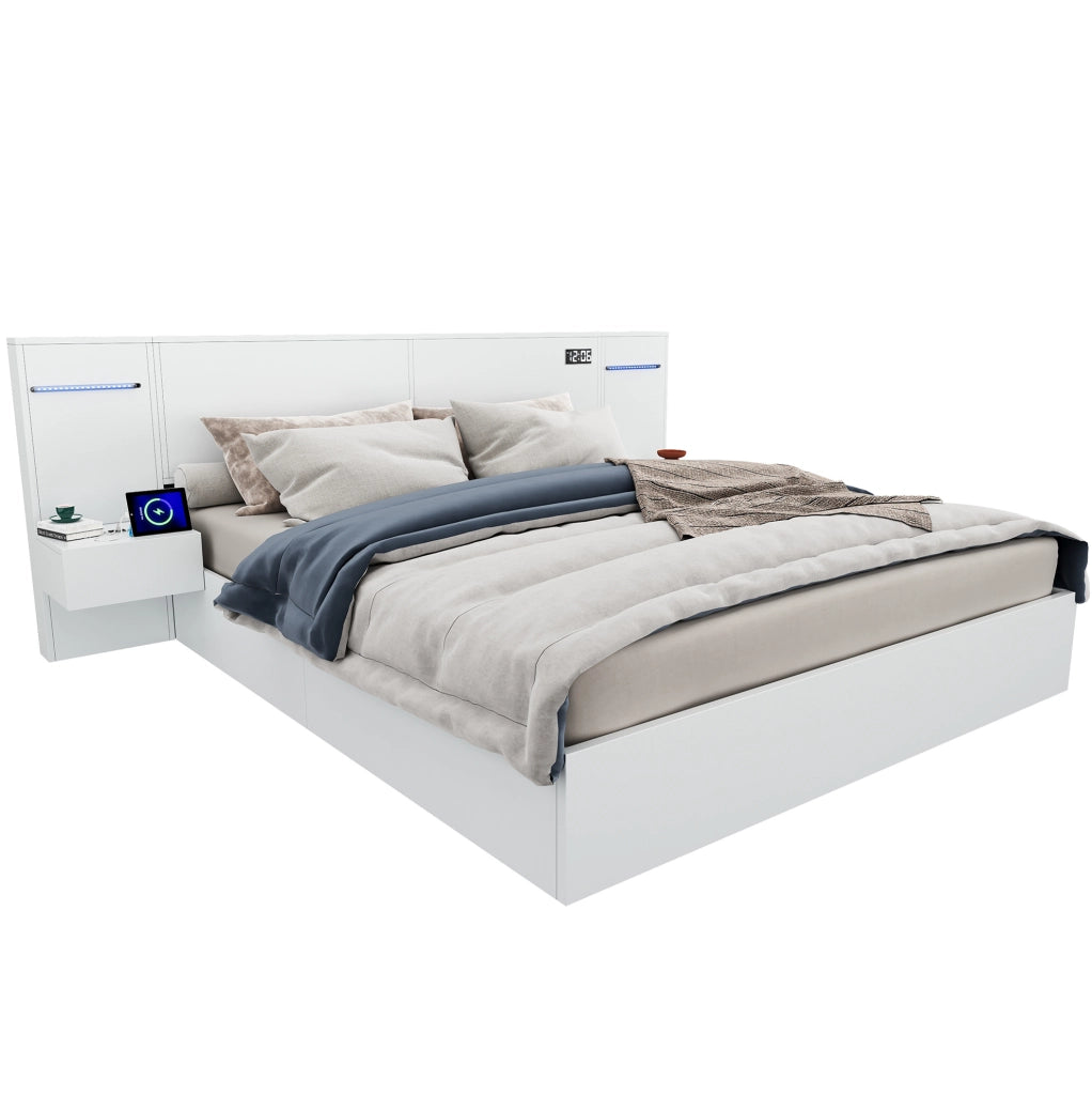 Letto matrimoniale 160x200 cm in MDF con USB-A/USB-C; Bluetooth; orologio e luci; bianco