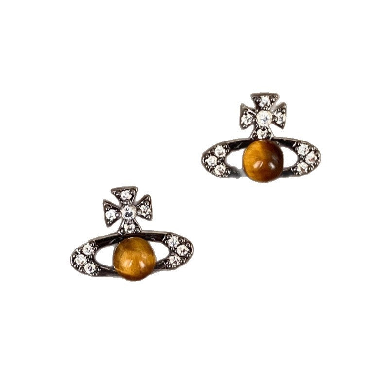 Orecchini a spillo in argento S925 dallo stile dolce e raffinato; orecchini a lobo con occhio di tigre in cristallo nero.