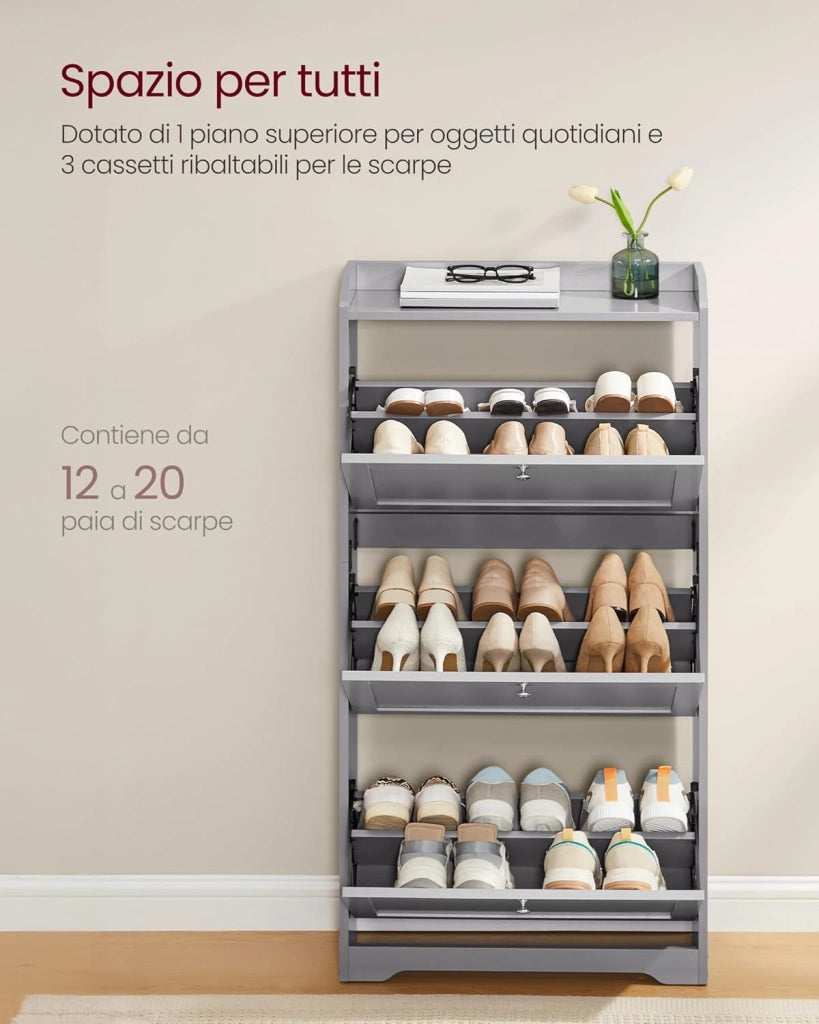 VASAGLE Scarpiera con 3 Scomparti a Ribalta, Scarpiera Salvaspazio, Divisori Regolabili, Portascarpe per fino a 12-20 Paia di Scarpe, Ingresso Corridoio, 24 x 60 x 121,2 cm, Grigio Tortora LBC036GD01