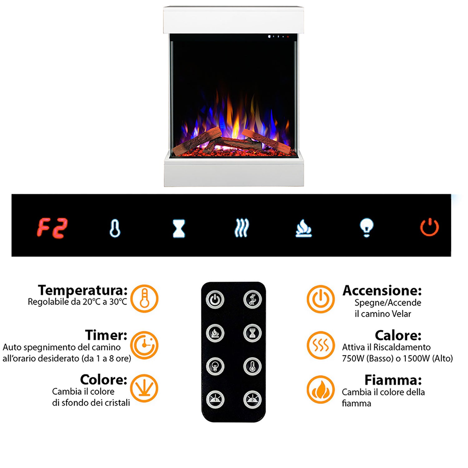 Caminetto Elettrico da Pavimento Autoportante Calliope Effetto Fuoco e Telecomando con Cornice in Legno MDF Bianco