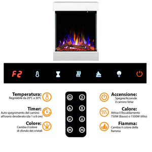 Caminetto Elettrico da Pavimento Autoportante Calliope Effetto Fuoco e Telecomando con Cornice in Legno MDF Bianco