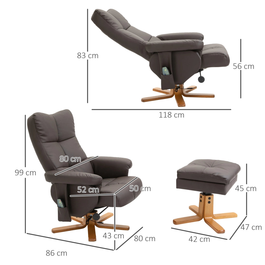 Poltrona relax massaggiante girevole 360° con poggiapiedi, reclinabile fino a 145°, marrone