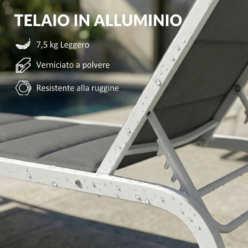 Lettino Prendisole da Giardino 62x165x94 cm con Ruote in Texteline con Telaio in Alluminio Grigio Scuro e Bianco