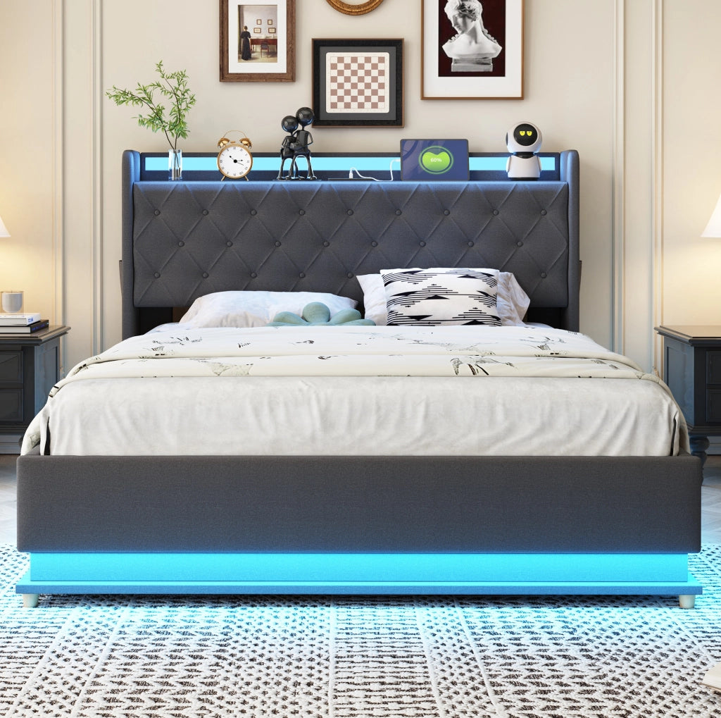 Letto imbottito 140x200 cm con LED, USB e vano contenitore idraulico