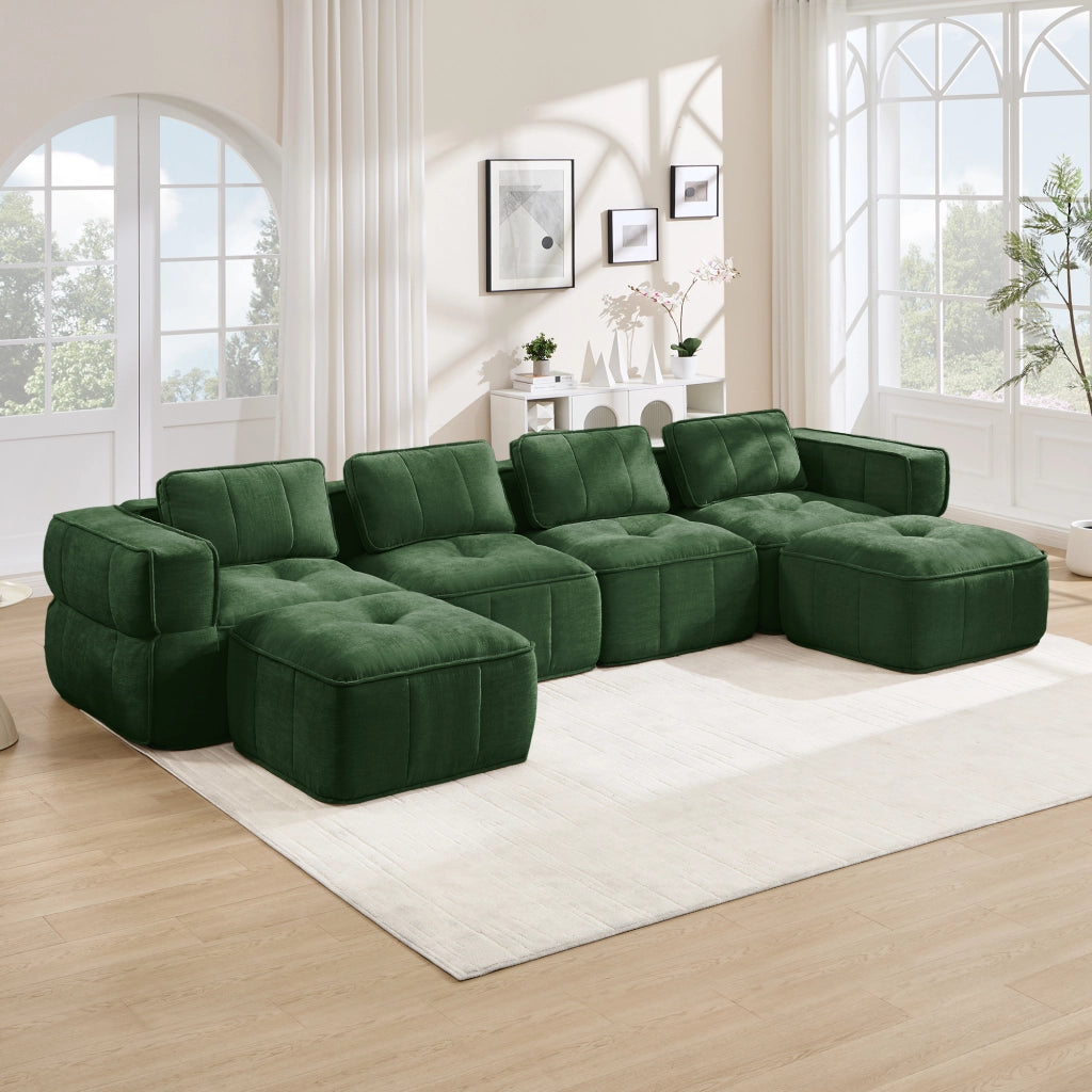 Divano panoramico a U modulare 4 posti senza struttura con 2 pouf in poliestere verde per soggiorno