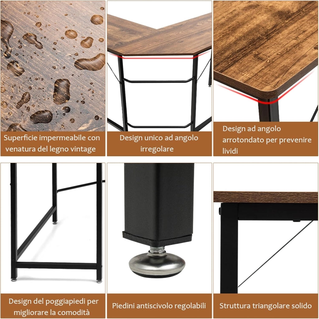Scrivania Angolare Salvaspazio, Scrivania Porta PC a Forma di L con Porta CPU, Scrivania ad Angolo in Legno e Ferro per Studio e Ufficio, Portata 100 kg, 168 x 125 x 74 cm (Caffè)