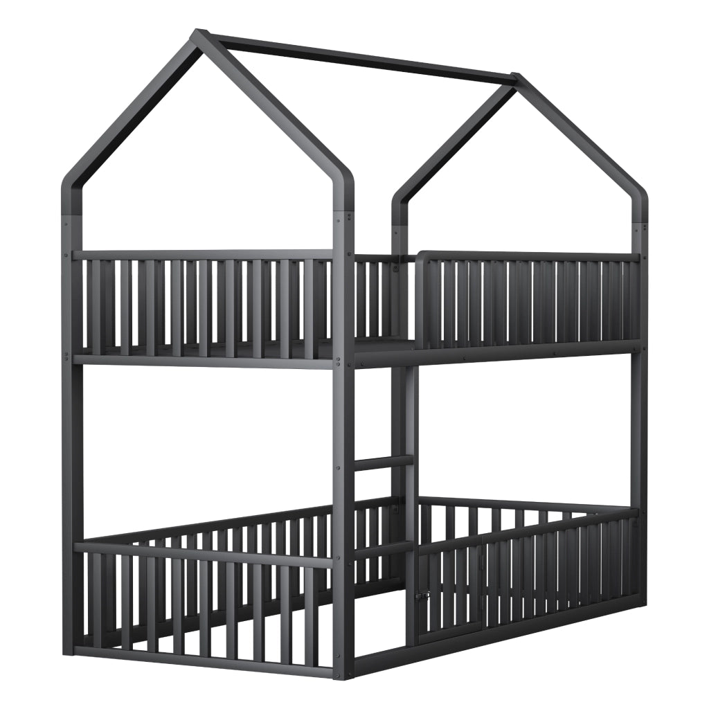 Letto a Castello 90x200 cm con Scala Frontale e Porta Apribile in Metallo Nero