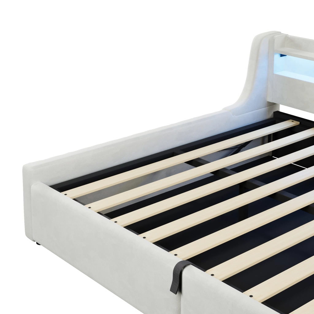 Letto Singolo 140x200 cm; 1 Posto - Contenitore e LED - in Flanella - Off White