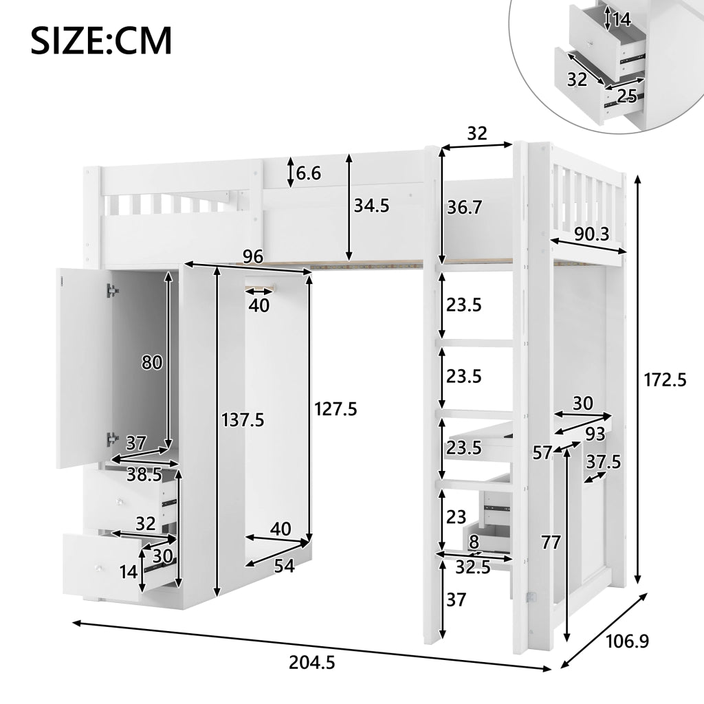 Letto a castello bianco con funzione scrivania sottostante 90x200 cm