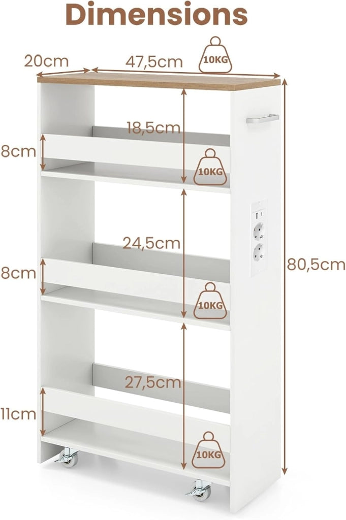 Scaffale per Nicchia da 20 cm di Larghezza, con Base di Ricarica, 4 Piani in Legno su Ruote, Scaffale Sottile per Cucina e Bagno, Carrello a Rotelle (Naturale+Bianco, Largo 20cm, con presa)
