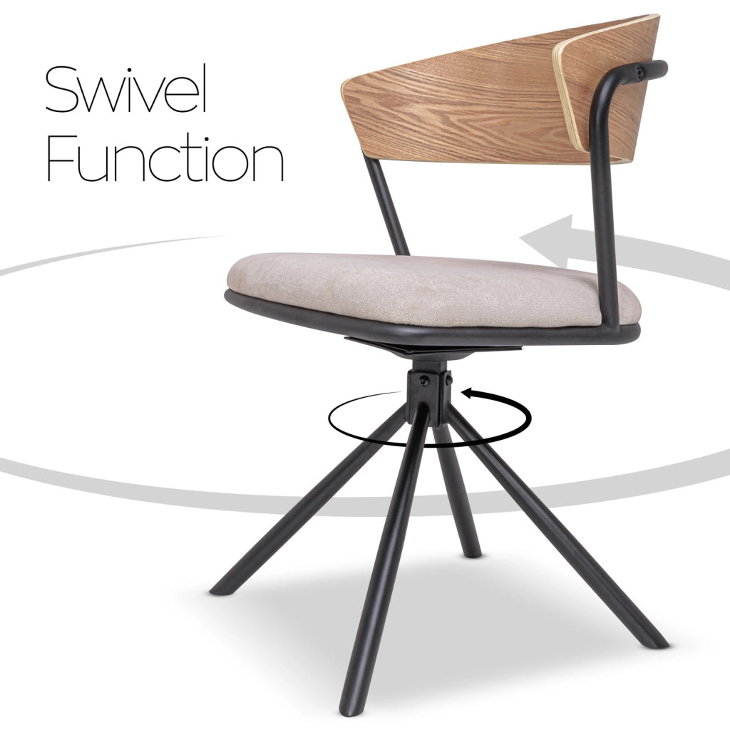 Seul - Set di 2 sedie di design in metallo, schienale in legno massello e seduta in tessuto, girevole 360°