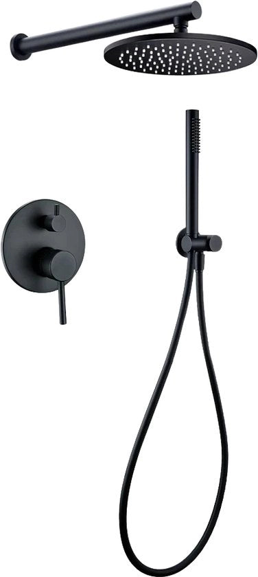 Set di doccia a soffitto in alluminio nero con tubo di scarico rotondo 25 cm e guida di scarico mat nera
