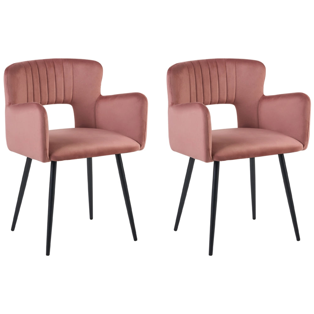 Set di 2 sedie da pranzo velluto rosa pastello braccioli schienale intagliato gambe in metallo moderna industriale