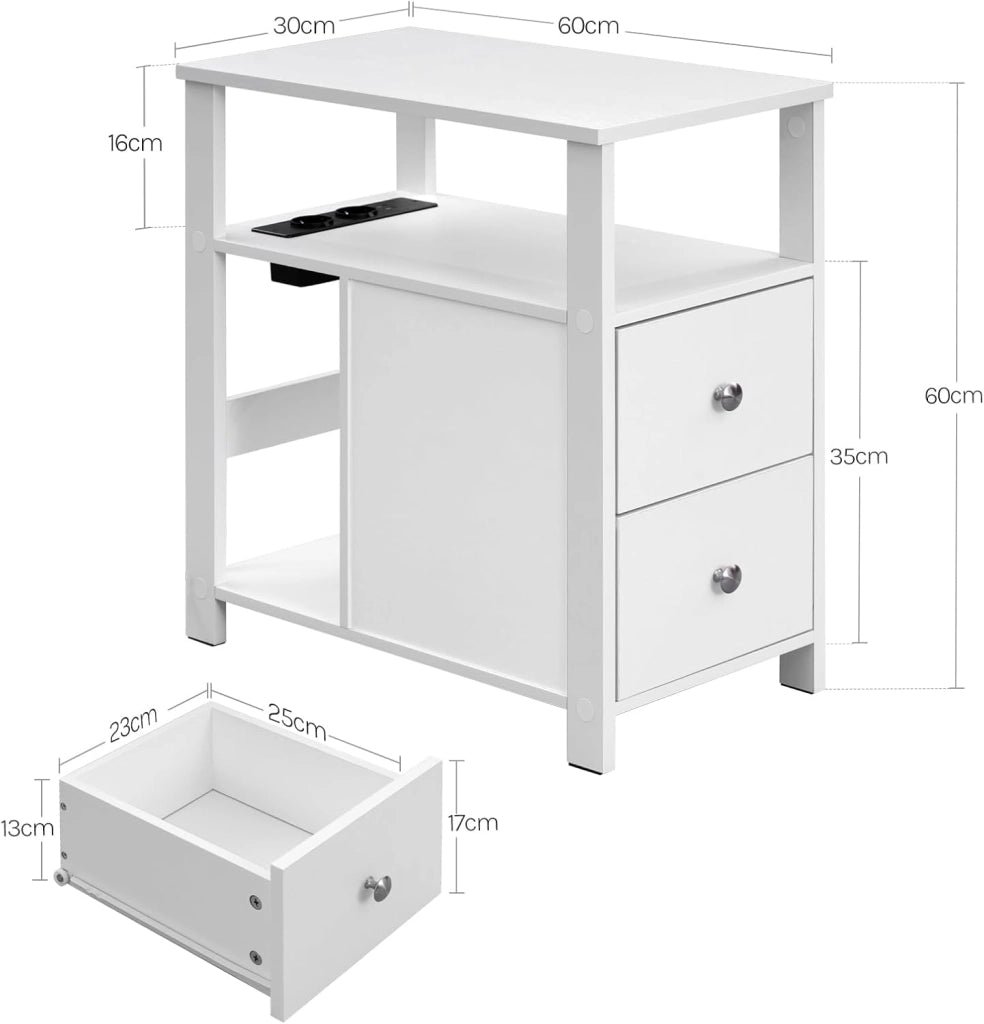 Tavolino Stretto con Stazione di Ricarica per Divano, Comodino con 2 Cassetti 2 Ripiani 1 Scomparto, per Soggiorno, Camera da Letto, 60x60x30 cm, Bianco