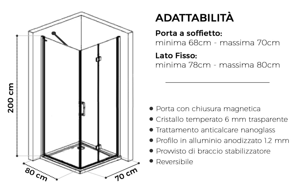 Box doccia Angolare 80x70 cm porta a soffietto + fisso H200 cm cristallo 6 mm profilo CROMATO ZAIRA