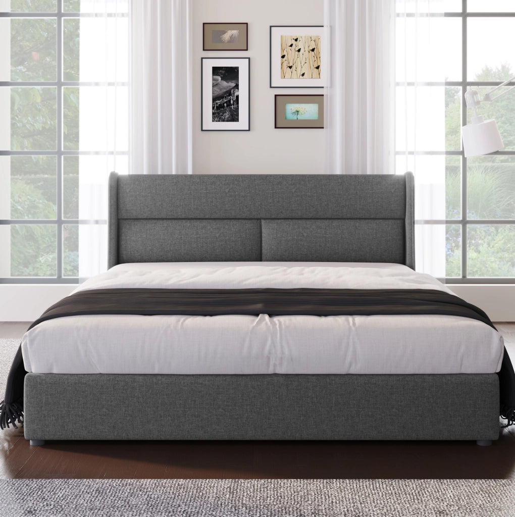 Letto matrimoniale 165x217x113 cm con testiera regolabile e contenitore in lino e metallo grigio
