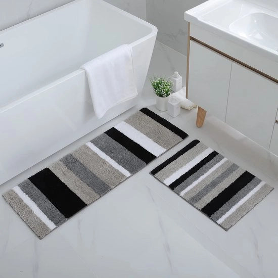 Set di tappeti di bagno antiscivolo a microfibra assorbente 2 pezzi, set di tappeti di bagno morbidi e alti, 40 x 60 cm + 40 x 120 cm, nero/grigio