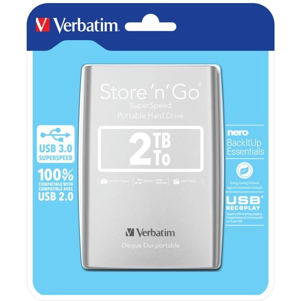 Verbatim disco rigido portatile store 'n' go usb 3.0 da 2 tb argento - 53189