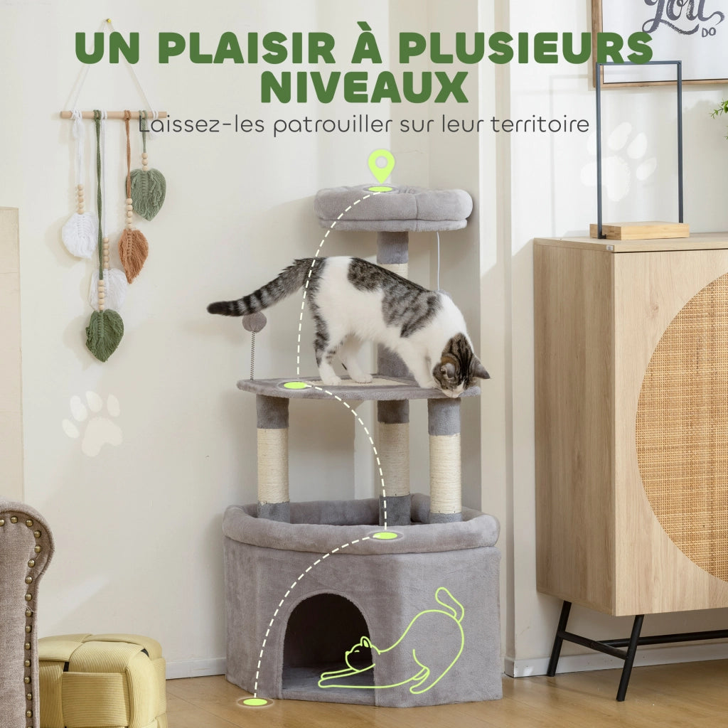 Arbre ¨¤ chat per gatti con piattaforma, griffoir sisal, nicchia e palle ¨C zephmum ¨C 49x49x114 cm grigio chiaro