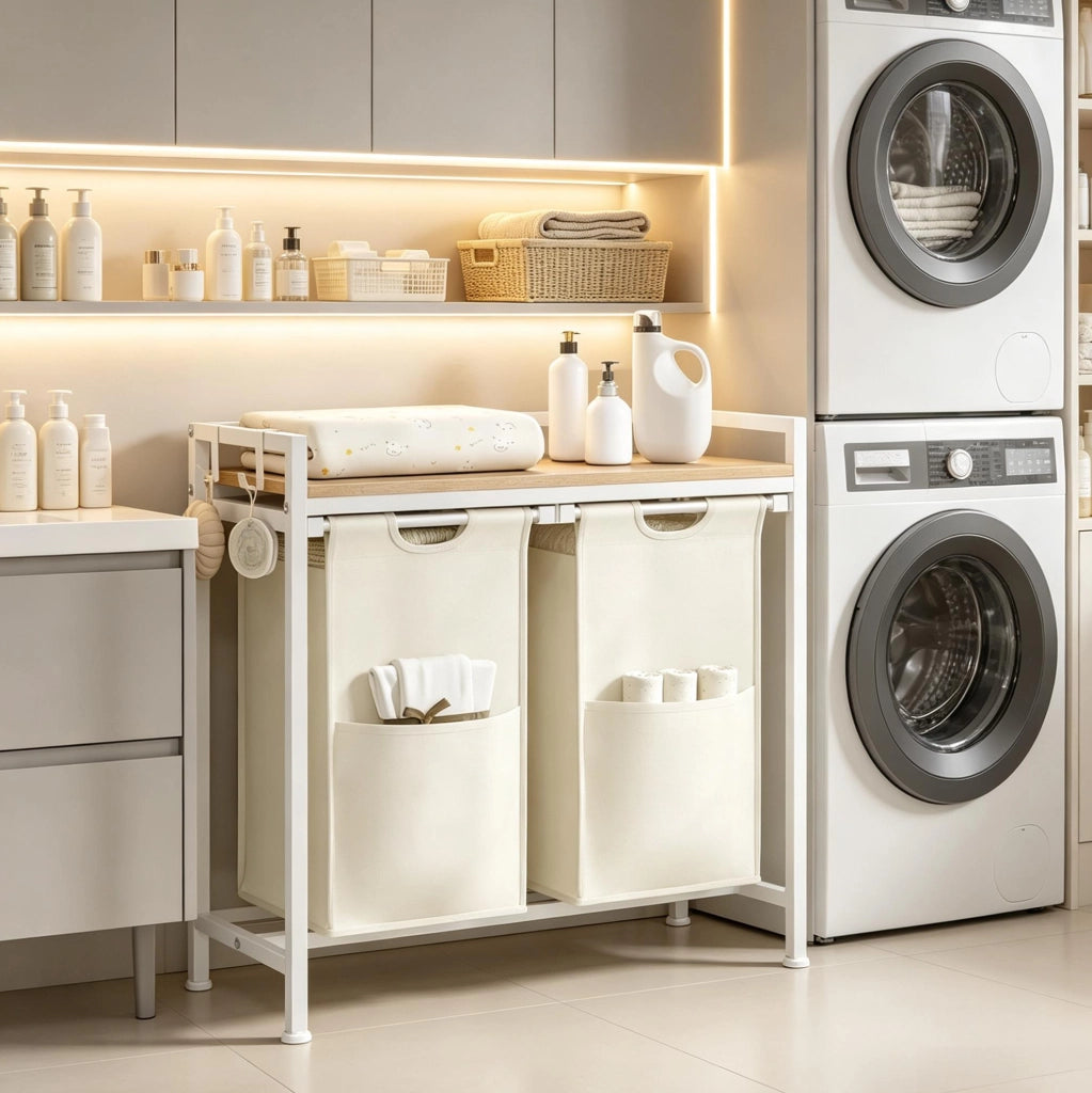 Portabiancheria a 2 scomparti 70 x 71 x 30 cm in legno chiaro e bianco