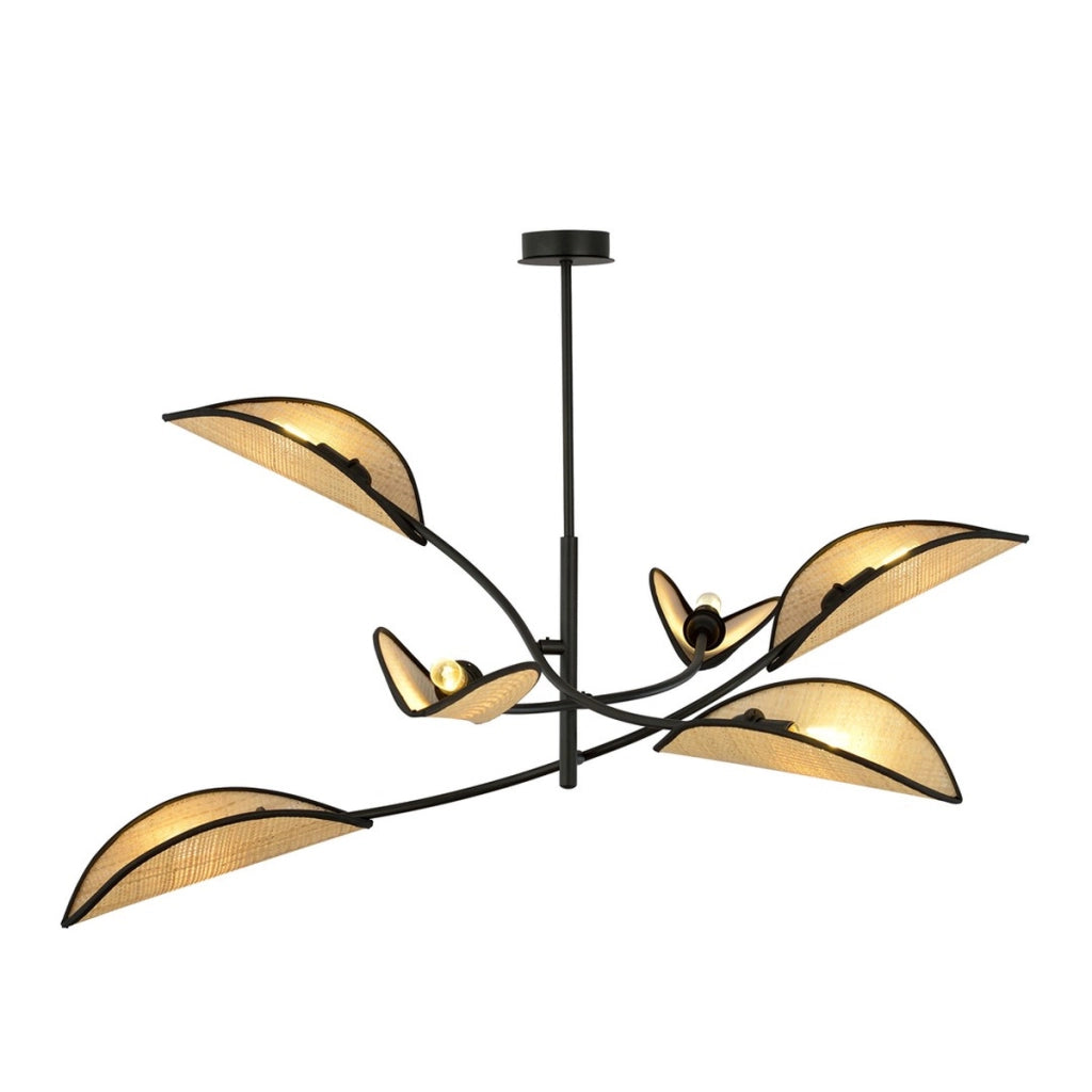 Lampada a sospensione Lotus in acciaio nero e rattan