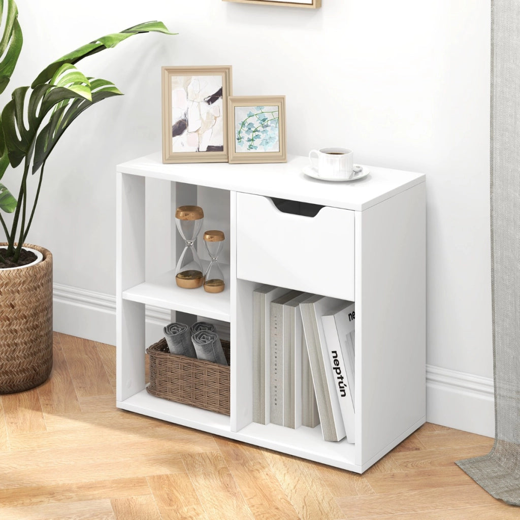 Scaffale di stoccaggio espositivo in legno a 2 livelli per soggiorno-Libreria a 3 cubi con cassetto estraibile Bianco
