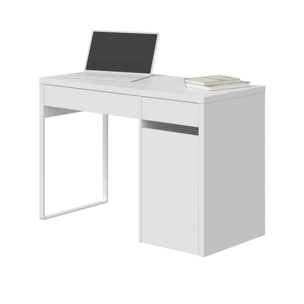 Scrivania Arica, Scrittoio reversibile con 2 cassetti e 1 anta, Tavolo da studio o ufficio porta PC,cm 108x50h75, Bianco