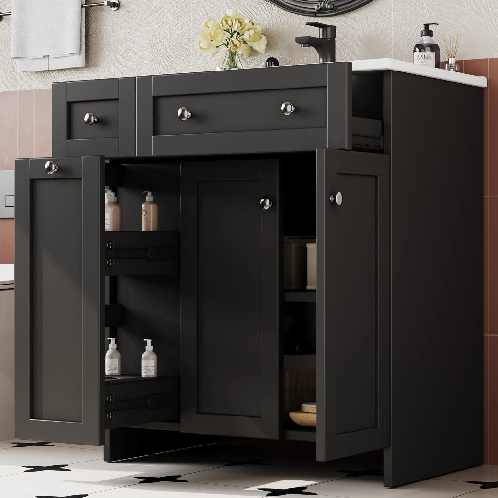 Mobile sottolavabo da bagno con lavabo in ceramica, 1 anta e 3 cassetti, finitura laccata, nero, 76 × 47 × 86 cm