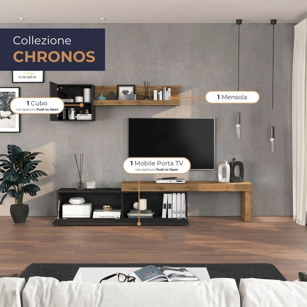 WHOUS Parete attrezzata Chronos set soggiorno antracite opaco e rovere 190/350x40 cm