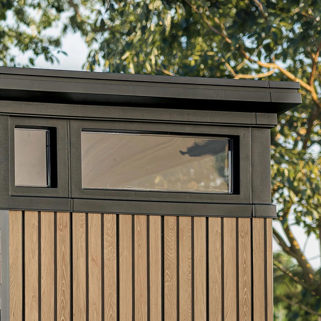 Pent 9x7 - Casetta da Giardino 279x226x218 cm 2 Ante per deposito attrezzi finitura effetto legno Evotech+ in Resina Marrone e Nero